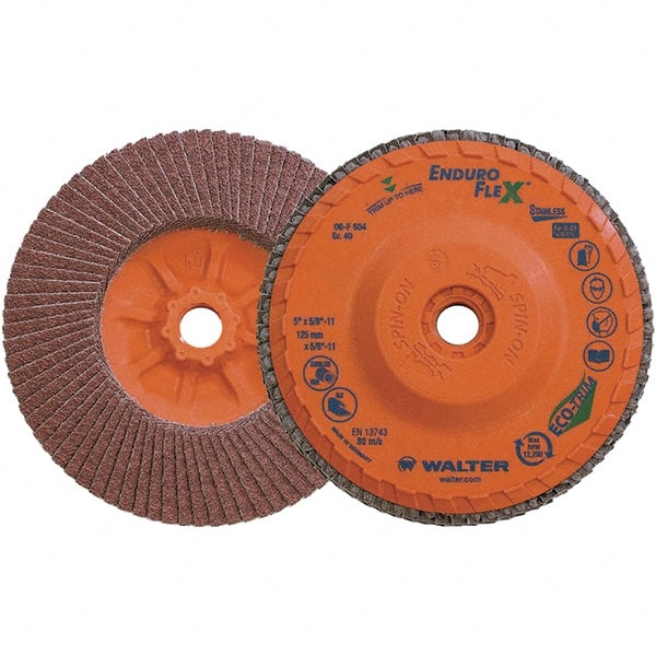 WALTER Surface Technologies - 40 Grit, 5" Disc Diam, 5/8-11 Center Hole, Zirconia Alumina Flap Disc - 8,600 Max RPM, Plastic Backing, Arbor Attaching System, Coated - Exact Tooling
