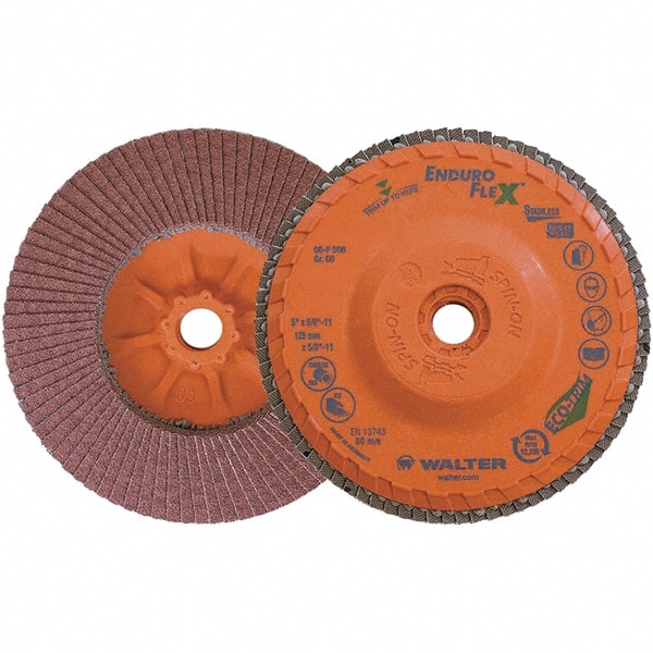 WALTER Surface Technologies - 60 Grit, 5" Disc Diam, 5/8-11 Center Hole, Zirconia Alumina Flap Disc - 8,600 Max RPM, Plastic Backing, Arbor Attaching System, Coated - Exact Tooling