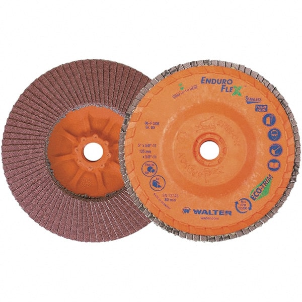 WALTER Surface Technologies - 80 Grit, 5" Disc Diam, 5/8-11 Center Hole, Zirconia Alumina Flap Disc - 8,600 Max RPM, Plastic Backing, Arbor Attaching System, Coated - Exact Tooling