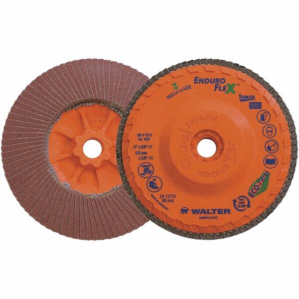 WALTER Surface Technologies - 120 Grit, 5" Disc Diam, 5/8-11 Center Hole, Zirconia Alumina Flap Disc - 8,600 Max RPM, Plastic Backing, Arbor Attaching System, Coated - Exact Tooling