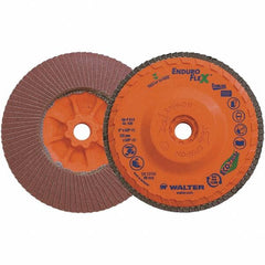WALTER Surface Technologies - 120 Grit, 5" Disc Diam, 5/8-11 Center Hole, Zirconia Alumina Flap Disc - 8,600 Max RPM, Plastic Backing, Arbor Attaching System, Coated - Exact Tooling