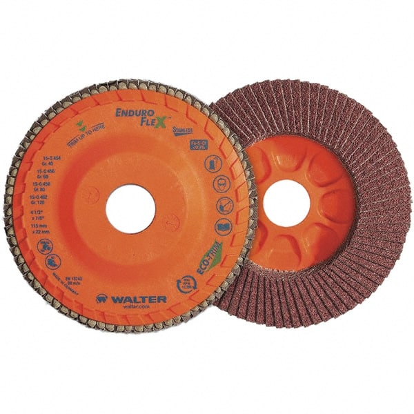 WALTER Surface Technologies - 80 Grit, 4-1/2" Disc Diam, 7/8" Center Hole, Zirconia Alumina Flap Disc - 13,300 Max RPM, Plastic Backing, Arbor Attaching System, Coated - Exact Tooling