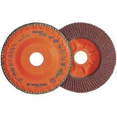 WALTER Surface Technologies - 120 Grit, 4-1/2" Disc Diam, 7/8" Center Hole, Zirconia Alumina Flap Disc - 13,300 Max RPM, Plastic Backing, Arbor Attaching System, Coated - Exact Tooling