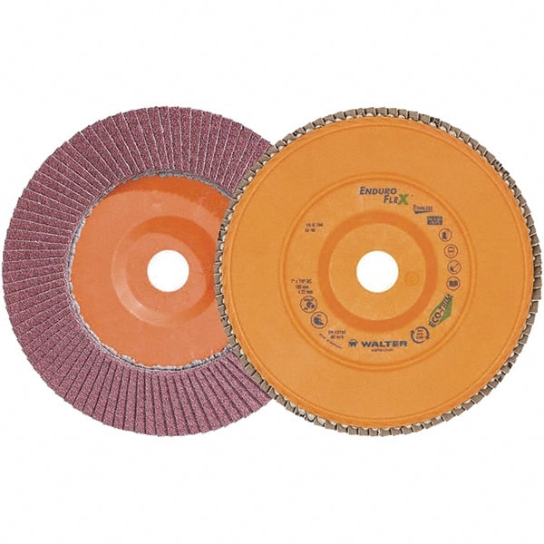 WALTER Surface Technologies - 40 Grit, 7" Disc Diam, 7/8" Center Hole, Zirconia Alumina Flap Disc - 8,600 Max RPM, Plastic Backing, Arbor Attaching System, Coated - Exact Tooling