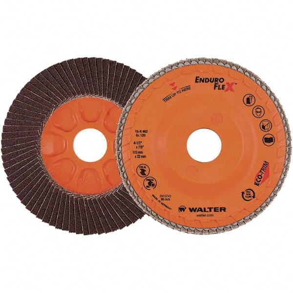 WALTER Surface Technologies - 120 Grit, 4-1/2" Disc Diam, 7/8" Center Hole, Zirconia Alumina Flap Disc - 13,300 Max RPM, Plastic Backing, Arbor Attaching System, Coated - Exact Tooling