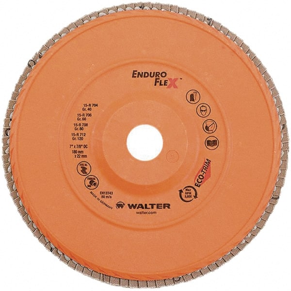 WALTER Surface Technologies - 120 Grit, 7" Disc Diam, 7/8" Center Hole, Zirconia Alumina Flap Disc - 8,600 Max RPM, Plastic Backing, Arbor Attaching System, Coated - Exact Tooling
