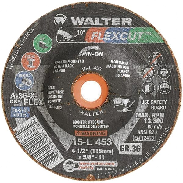 WALTER Surface Technologies - 4-1/2" Diam x 5/8" Hole, 36 Grit Surface Grinding Wheel - Aluminum Oxide, Very Coarse Grade, 13,300 Max RPM - Exact Tooling
