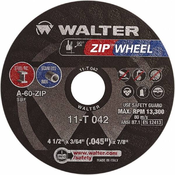 WALTER Surface Technologies - 4-1/2" 60 Grit Aluminum Oxide Cutoff Wheel - 3/64" Thick, 7/8" Arbor, 13,300 Max RPM, Use with Angle Grinders - Exact Tooling