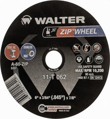 WALTER Surface Technologies - 6" 60 Grit Aluminum Oxide Cutoff Wheel - 3/64" Thick, 7/8" Arbor, 10,200 Max RPM, Use with Angle Grinders - Exact Tooling