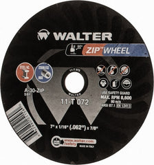 WALTER Surface Technologies - 7" 30 Grit Aluminum Oxide Cutoff Wheel - 1/16" Thick, 7/8" Arbor, 8,600 Max RPM, Use with Angle Grinders - Exact Tooling