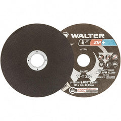 WALTER Surface Technologies - 5" 46 Grit Aluminum Oxide Cutoff Wheel - 1/16" Thick, 7/8" Arbor, 12,200 Max RPM, Use with Angle Grinders - Exact Tooling