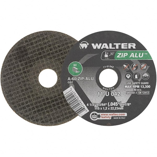 WALTER Surface Technologies - 4-1/2" 60 Grit Aluminum Oxide Cutoff Wheel - 3/64" Thick, 7/8" Arbor, 13,300 Max RPM, Use with Angle Grinders - Exact Tooling