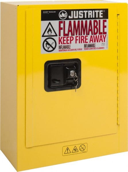 Justrite - 1 Door, 1 Shelf, Yellow Steel Space Saver Safety Cabinet for Flammable and Combustible Liquids - 22" High x 17" Wide x 8" Deep, Manual Closing Door, 2 Gal Capacity - Exact Tooling