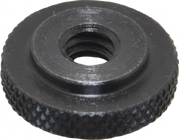 Gibraltar - 1/4-20" UNC Thread, Black Oxide Finish, Steel Round Knurled Check Nut - 7/32" Overall Height, 3/4" Head Diam, 1/2" Base Diam - Exact Tooling