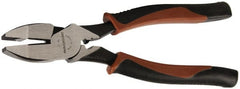 Paramount - 9" OAL, 1-9/16" Jaw Length x 1-1/4" Jaw Width, Side Cutting Linesman's Pliers - Serrated Jaw, New England Style Head, Double Injection Molded Handles - Exact Tooling