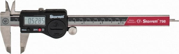 Starrett - 0 to 150mm Range, 0.01mm Resolution, IP67 Electronic Caliper - Stainless Steel with 1-1/2" Stainless Steel Jaws, 0.02mm Accuracy, Serial Output - Exact Tooling