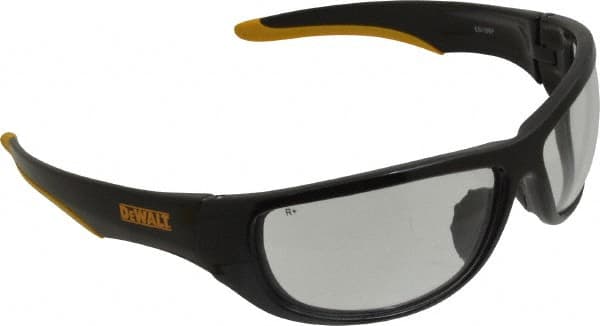 DeWALT - Clear Lenses, Framed Safety Glasses - Scratch Resistant, Black/Yellow Nylon/Rubber Frame, Size Universal, Wrap Around - Exact Tooling