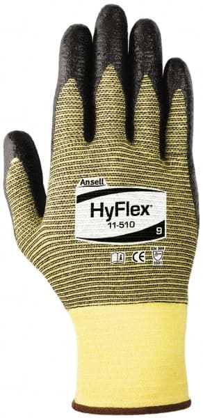 Ansell - Size XS (6), ANSI Cut Lvl 2, Abrasion Lvl 3, Nitrile Coated Cut Resistant Gloves - Palm & Fingers Coated, Kevlar Lining, Knit Wrist, Black/Yellow, Paired - Exact Tooling