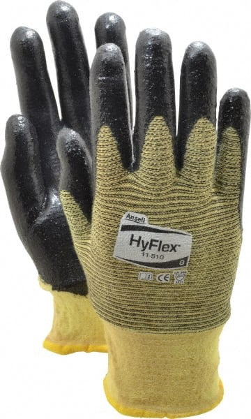 Ansell - Size M (8), ANSI Cut Lvl 2, Abrasion Lvl 3, Nitrile Coated Cut Resistant Gloves - Palm & Fingers Coated, Kevlar Lining, Knit Wrist, Black/Yellow, Paired - Exact Tooling
