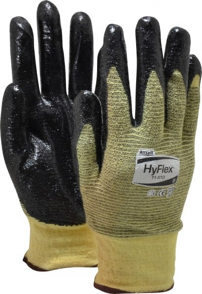 Ansell - Size L (9), ANSI Cut Lvl 2, Abrasion Lvl 3, Nitrile Coated Cut Resistant Gloves - Palm & Fingers Coated, Kevlar Lining, Knit Wrist, Black/Yellow, Paired - Exact Tooling