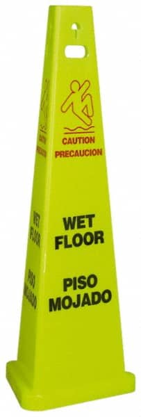 NMC - Caution - Wet Floor, 40" High, Plastic Floor Sign - English/Spanish, Cone, Red & Black on Yellow, For Restroom, Janitorial & Housekeeping - Exact Tooling