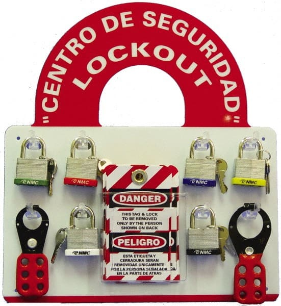 NMC - Equipped Plexiglass Tag and Padlock / Hasp Station - 14 Inch Wide x 15-1/2 Inch High, Red and White - Exact Tooling
