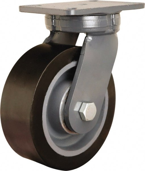 Hamilton - 8" Diam x 3" Wide x 10-1/2" OAH Top Plate Mount Swivel Caster - Polyurethane Mold on Forged Steel, 4,500 Lb Capacity, Precision Ball Bearing, 5-1/4 x 7-1/4" Plate - Exact Tooling