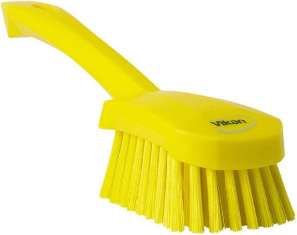Vikan - 1.3" Bristle Length, Polyester Scrub Brush - 4-1/4" Long x 2-3/4" Wide Head, 10" OAL, Yellow, Polypropylene Block - Exact Tooling