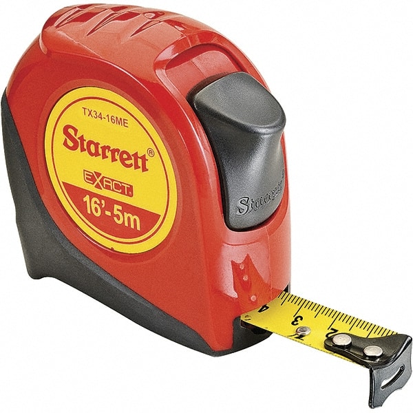 Starrett - 16' x 3/4" Yellow Blade Tape Measure - 1/16" & 1mm Graduation, S9 Graduation Style, Red Case - Exact Tooling