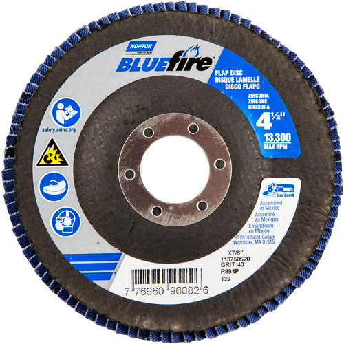 ‎4-1/2 × 7/8″ BlueFire Fiberglass HD Flat Flap Disc Type 27 P40 Grit R884P1 Zirconia Alumina - Exact Tooling