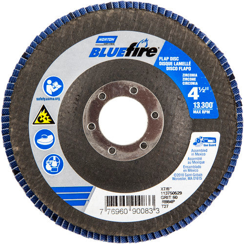 ‎4-1/2 × 7/8″ BlueFire Fiberglass HD Flat Flap Disc Type 27 P60 Grit R884P1 Zirconia Alumina - Exact Tooling