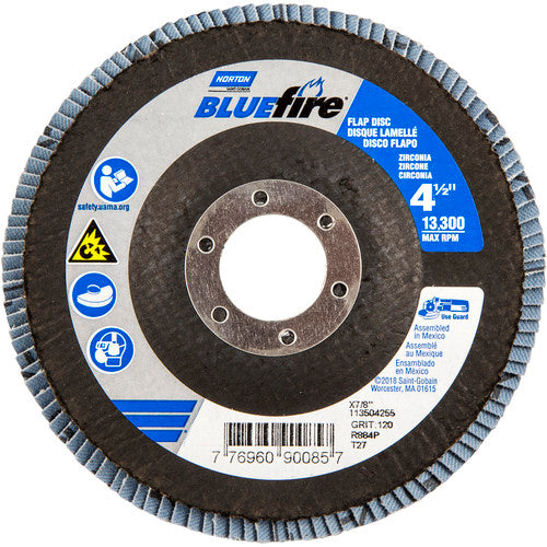 ‎4-1/2 × 7/8″ BlueFire Fiberglass HD Flat Flap Disc Type 27 P120 Grit R884P2 Zirconia Alumina - Exact Tooling
