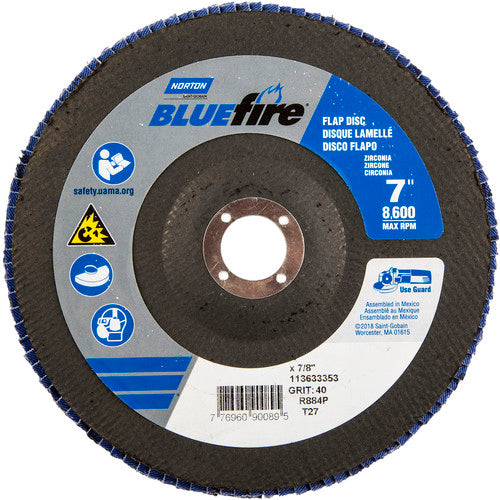 7 × 7/8″ BlueFire Fiberglass HD Flat Flap Disc Type 27 P40 Grit R884P1 Zirconia Alumina - Exact Tooling