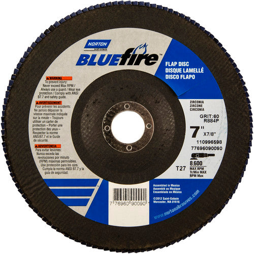 7 × 7/8″ BlueFire Fiberglass HD Flat Flap Disc Type 27 P60 Grit R884P1 Zirconia Alumina - Exact Tooling