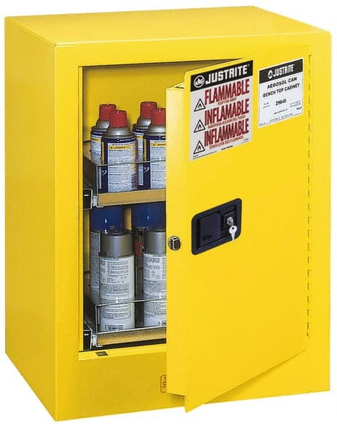 Justrite - 1 Door, 2 Shelf, Yellow Steel Bench Top Safety Cabinet for Flammable and Combustible Liquids - 27" High x 21" Wide x 18" Deep, Manual Closing Door, 4 Gal Capacity - Exact Tooling