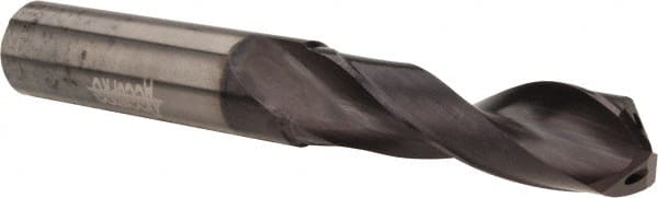 Accupro - 1/2" 140° Spiral Flute Solid Carbide Screw Machine Drill Bit - AlTiN Finish, Right Hand Cut, 47.6mm Flute Length, 102mm OAL, Standard Point, Straight Shank, Through Coolant - Exact Tooling