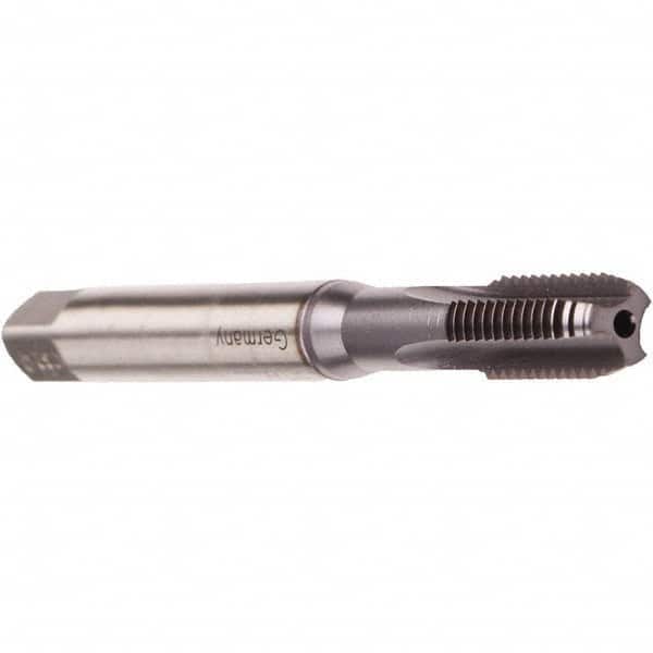 Emuge - M10x1.50 Metric Coarse 6HX 3 Flute TiCN Finish Cobalt Straight Flute Machine Tap - Bottoming, Right Hand Thread, 100mm OAL, 22mm Thread Length, Oversize, Through Coolant - Exact Tooling