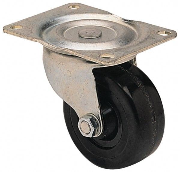 Albion - 3" Diam x 1-1/4" Wide x 3-13/16" OAH Top Plate Mount Swivel Caster - Hard Rubber, 270 Lb Capacity, Self-Lubricating Bearing, 3-1/8 x 4-1/8" Plate - Exact Tooling