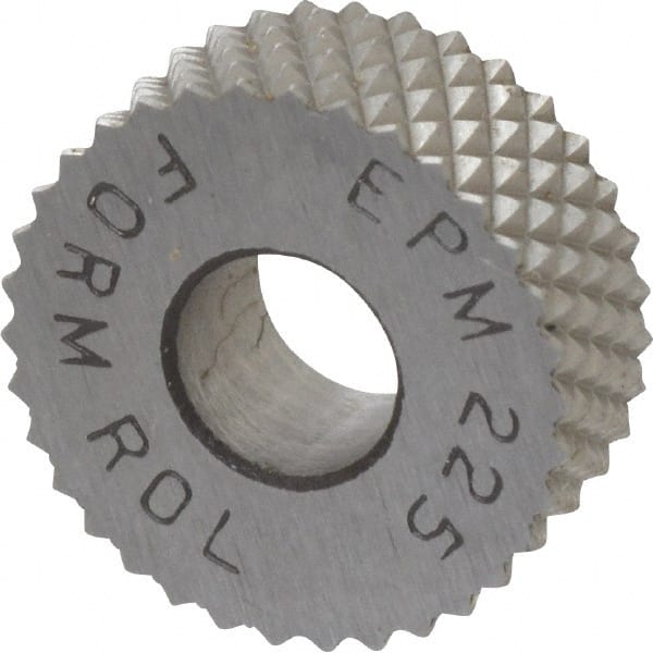 Made in USA - 1/2" Diam, 90° Tooth Angle, 25 TPI, Standard (Shape), Form Type High Speed Steel Male Diamond Knurl Wheel - 3/16" Face Width, 3/16" Hole, Circular Pitch, 30° Helix, Bright Finish, Series EP - Exact Tooling