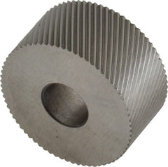 Made in USA - 3/4" Diam, 90° Tooth Angle, 35 TPI, Standard (Shape), Form Type High Speed Steel Left-Hand Diagonal Knurl Wheel - 3/8" Face Width, 1/4" Hole, Circular Pitch, 30° Helix, Bright Finish, Series KP - Exact Tooling