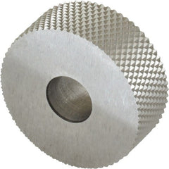 Made in USA - 1" Diam, 90° Tooth Angle, 25 TPI, Standard (Shape), Form Type High Speed Steel Male Diamond Knurl Wheel - 3/8" Face Width, 5/16" Hole, Circular Pitch, 30° Helix, Bright Finish, Series OU - Exact Tooling
