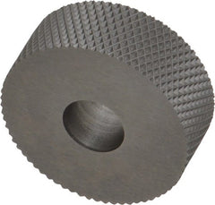 Made in USA - 1" Diam, 90° Tooth Angle, 25 TPI, Standard (Shape), Form Type High Speed Steel Female Diamond Knurl Wheel - 3/8" Face Width, 5/16" Hole, Circular Pitch, 30° Helix, Bright Finish, Series OU - Exact Tooling
