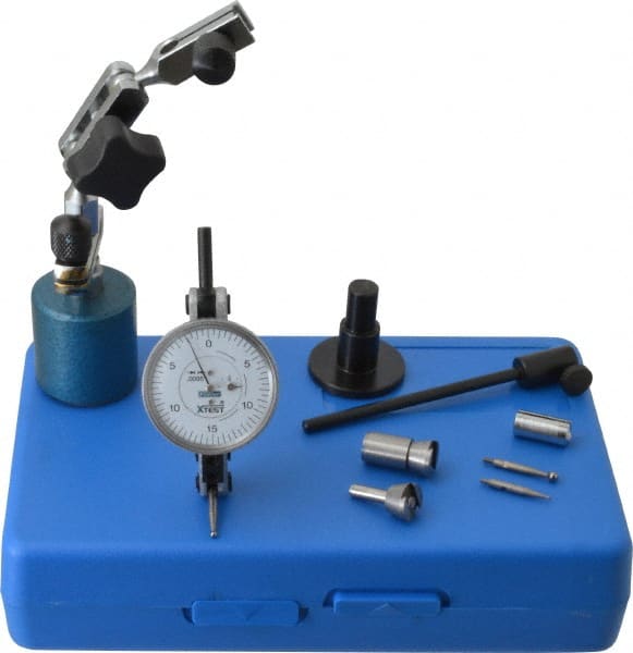 Fowler - 9 Piece, 0" to 0.06" Measuring Range, 1-1/2" Dial Diam, 0-15-0 Dial Reading, Horizontal White Dial Test Indicator Kit - 0.08" Ball Diam, 0.0005" Dial Graduation - Exact Tooling