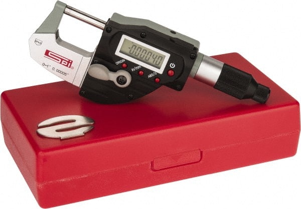 SPI - 0 to 1 Inch Range, 0.001 Inch Resolution, Standard Throat, IP65 Electronic Outside Micrometer - Accurate to 0.00016 Inch, Sliding Thimble, Carbide Tipped Face - Exact Tooling