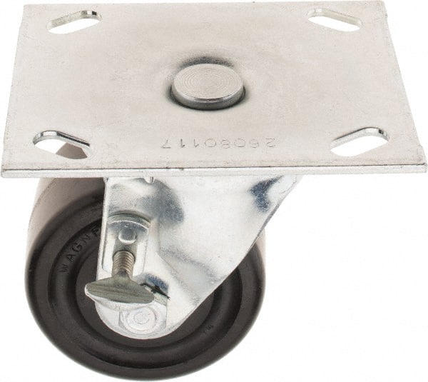 E.R. Wagner - 3" Diam x 1-3/4" Wide x 3-7/8" OAH Top Plate Mount Swivel Caster with Brake - Phenolic, 500 Lb Capacity, Roller Bearing, 3-3/4 x 4-5/8" Plate - Exact Tooling