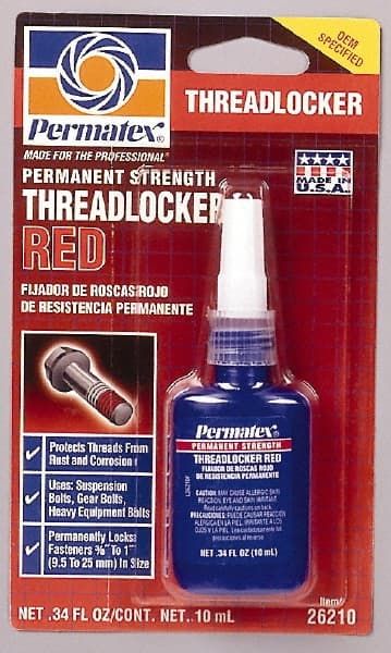 Permatex - 10 mL Bottle, Red, High Strength Liquid Threadlocker - Series 262, 24 hr Full Cure Time, Hand Tool, Heat Removal - Exact Tooling