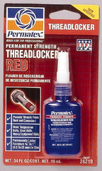 Permatex - 10 mL Bottle, Red, High Strength Liquid Threadlocker - Series 262, 24 hr Full Cure Time, Hand Tool, Heat Removal - Exact Tooling