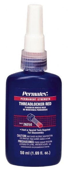 Permatex - 50 mL Bottle, Red, High Strength Liquid Threadlocker - Series 262, 24 hr Full Cure Time, Hand Tool, Heat Removal - Exact Tooling
