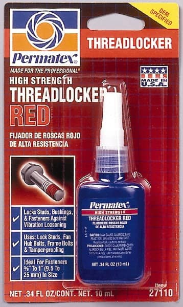 Permatex - 10 mL Bottle, Red, High Strength Liquid Threadlocker - Series 271, 24 hr Full Cure Time, Hand Tool, Heat Removal - Exact Tooling