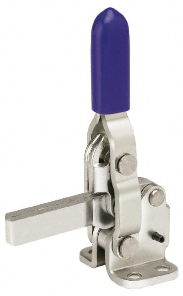Gibraltar - 250 Lb Holding Capacity, Vertical Handle, Manual Hold Down Toggle Clamp - 65° Handle Movement, 105° Bar Opening, Solid Bar, Flanged Base, Electro-Plated Zinc, Stainless Steel - Exact Tooling